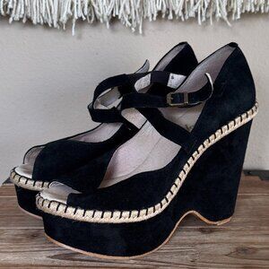 Free People Terrace Black Suede Jute Peep Toe Ankle Strap Platform Wedge Size 40